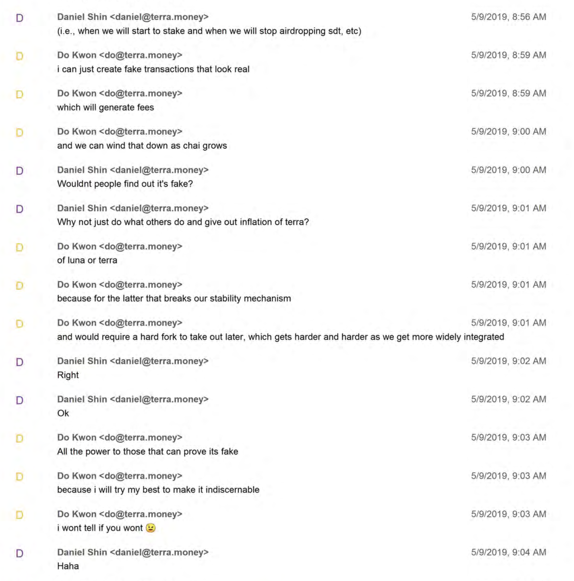 The SEC successfully admitted into evidence a screenshot of a chat between Terra co-founders Do Kwon and Daniel Shin.