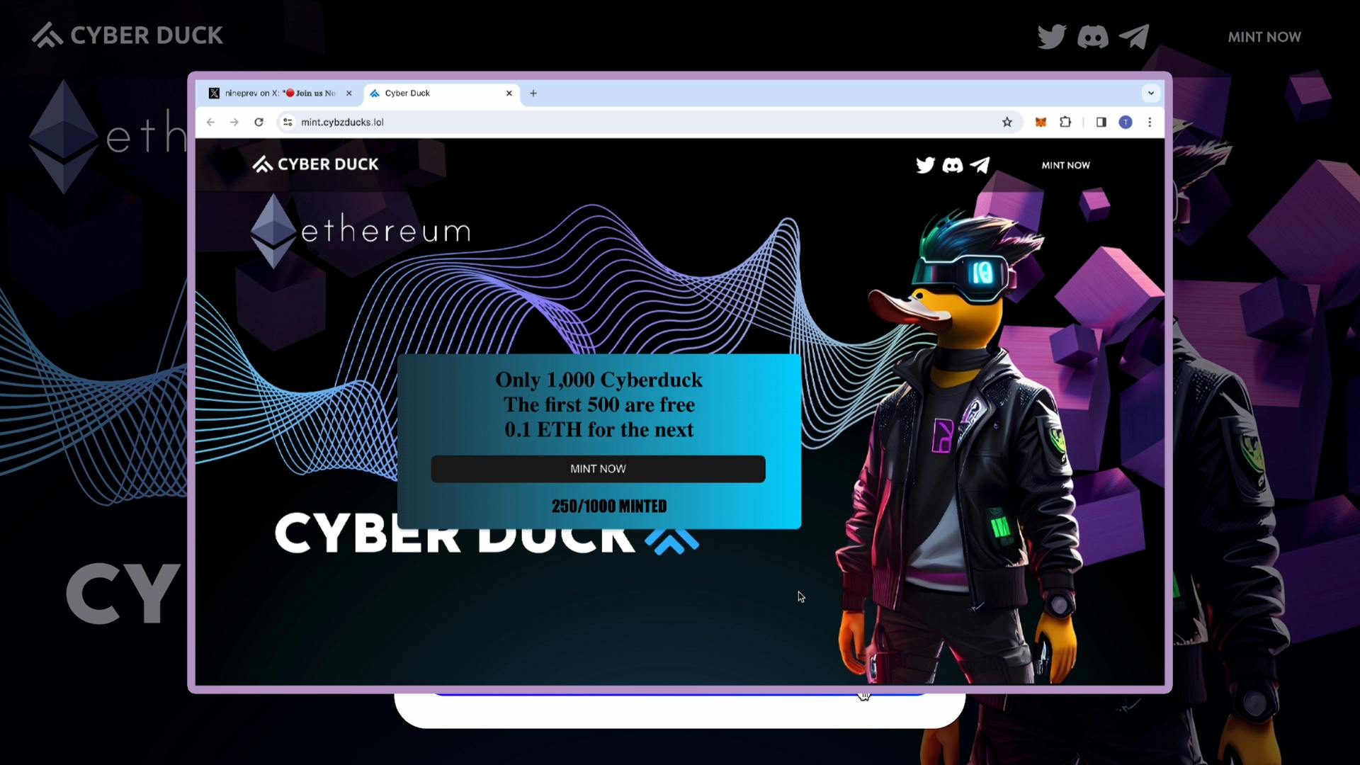The website for Cyber Duck, a purported NFT collection, linked to an ad on X